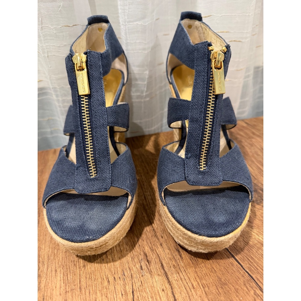 Michael Kors Denim Espadrille‎ Wedge Sandals Gold Zip Women's Size 7M
